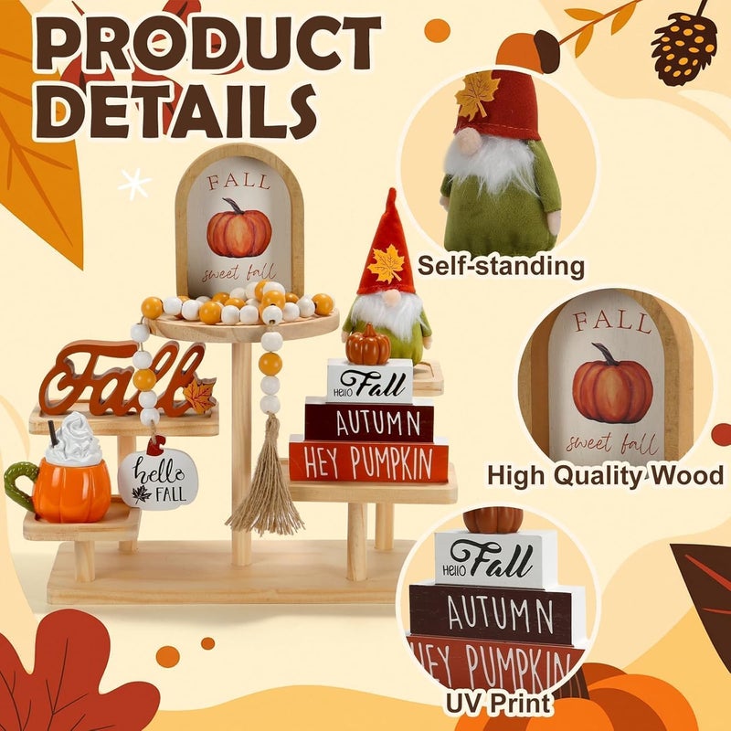 SYNCVIBE Fall Decorations for Home 6PCS Tiered Tray Decor Set, Fall Decor for Shelf Mantel Fire Place Office Desk Kitchen Bedroom Thanksgiving Autumn Table Centerpieces Pumpkin Farmhouse Tabletop Wood Signs - Image 2